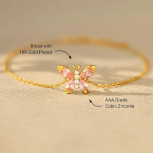 Dainty european pink butterfly gold plated sterling silver bracelet