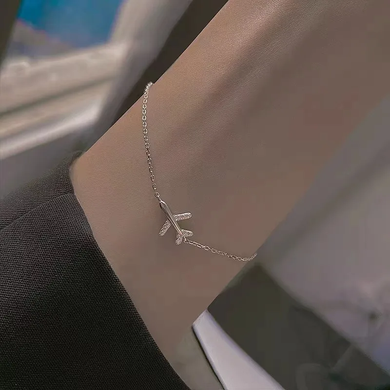 925 Sterling Silver Air plane Bracelet with CZ Crystal charm- Travel jewellery for women - Image 3