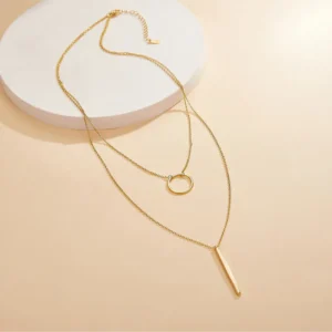 Gold plated 925 Sterling Silver Geometric Circle Double Layer Necklace for Woman