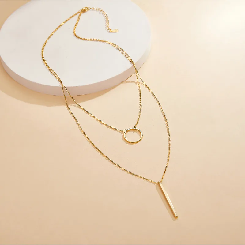 Gold plated 925 Sterling Silver Geometric Circle Double Layer Necklace for Woman